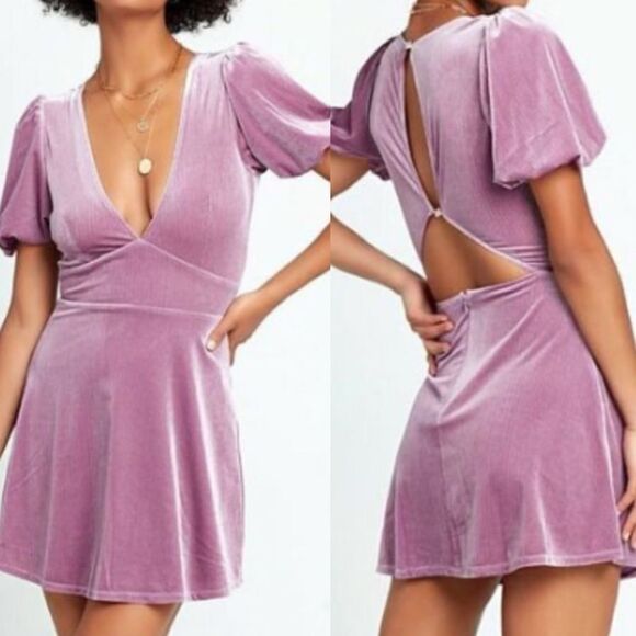 L* Space Ruby Velvet Ribbed Puff Sleeve Open Back Mini Dress SIZE SMALL - Picture 1 of 8